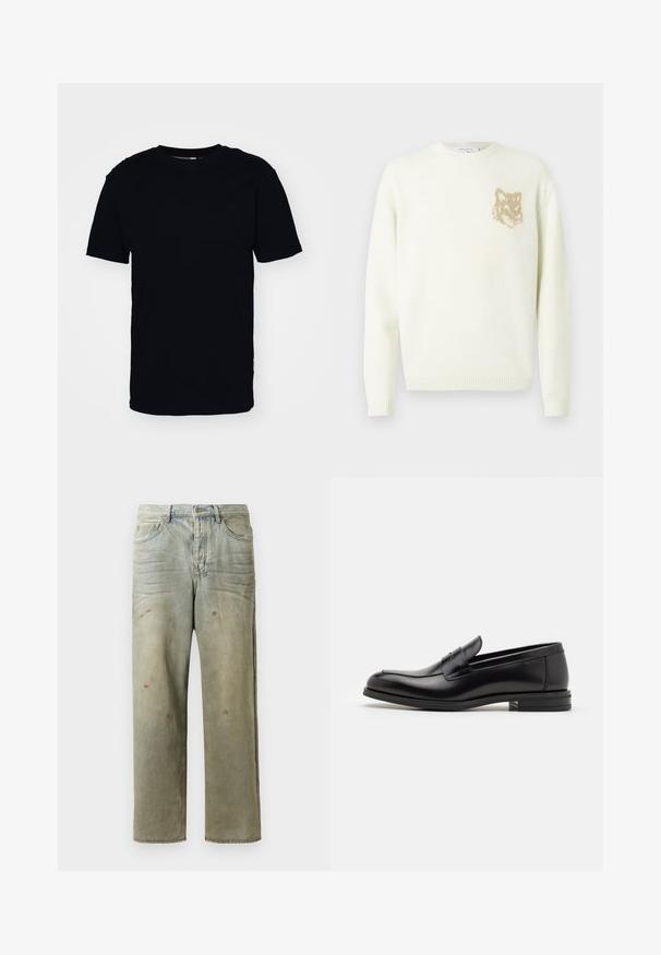 Pulover crem cu guler rotund, cu maneci lungi și un mic grafic cu cap de vulpe bej pe pieptul stâng, cu mansete și tiv din material ribat.; Tricou scurt din bumbac, de culoare neagră. Prezintă un decolteu rotund și o croială clasică. Fără modele vizibile sau accente din metal.; Jeans din denim uzat, de culoare verde deschis, cu un croi drept, design cu cinci buzunare, și decolorare inegală cu stropi de vopsea.; Mocasini din piele neagră cu o textură netedă, vârf rotund și o curea decorativă peste partea superioară. Toc mic, design minimalist.