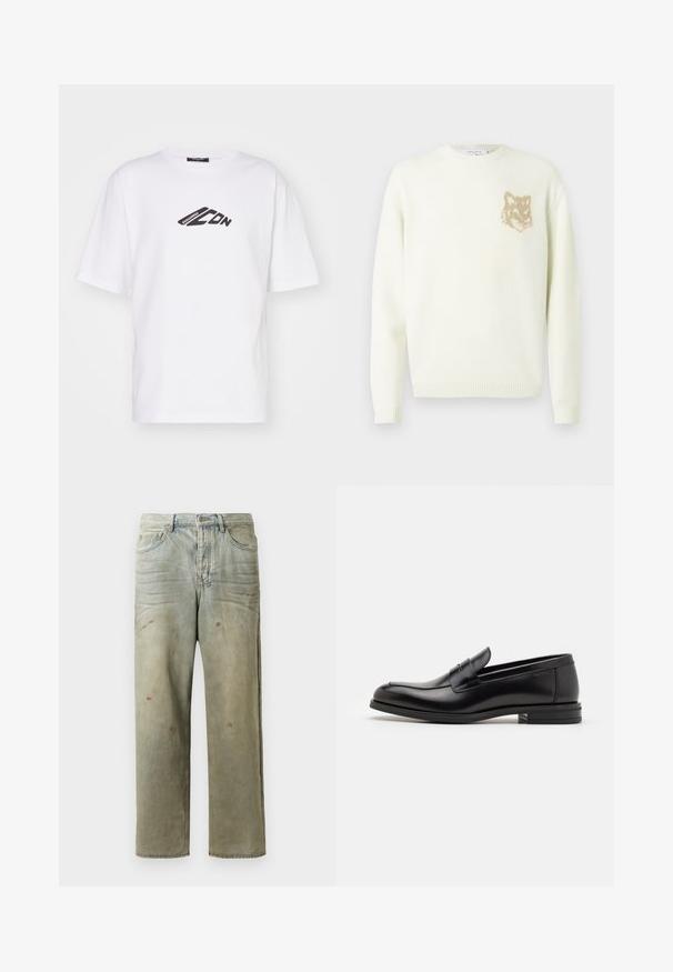 Cream crewneck sweater with long sleeves and small beige fox head graphic on the left chest, ribbed cuffs and hem.; White cotton t-shirt featuring a black graphic logo on the chest. Short sleeves, crew neckline, and a relaxed fit.; Distressed denim jeans in light green, featuring a straight leg, five-pocket design, and uneven fading with paint splatters.; Black leather loafers with a smooth texture, rounded toe, and a decorative strap across the vamp. Low stacked heel, minimalist design.