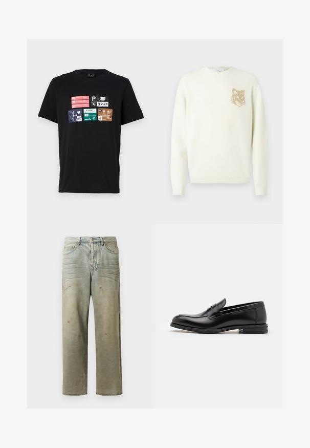 Krémový svetr s kulatým výstřihem a dlouhými rukávy, s malou béžovou grafikou hlavy lišky na levé straně hrudníku, s žebrovanými manžetami a spodním lemem.; Černé bavlněné tričko s různými grafikami cestovních značek v několika barvách, včetně názvů měst a ukazatelů vzdálenosti.; Odstřižené džíny v světle zelené barvě, se rovnými nohavicemi, pěti kapsami a nerovnoměrným vyblednutím s barevnými skvrnami.; Černé kožené polobotky s hladkou texturou, zaoblenou špičkou a zdobným páskem přes nárt. Nízký stohovaný podpatek, minimalistický design.