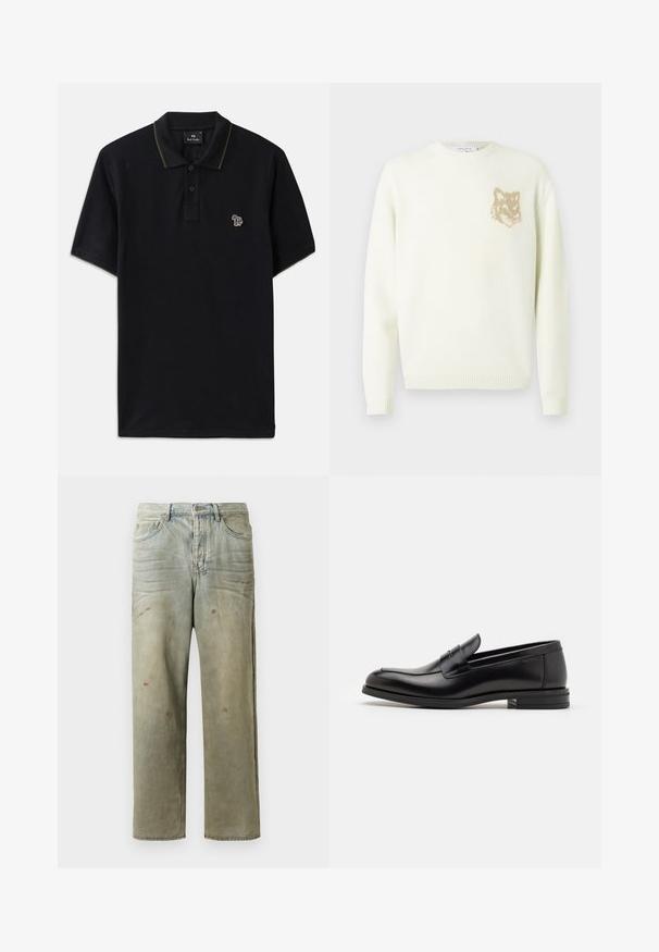 Világos krém színű crewneck pulóver hosszú ujjakkal, bal mellrészen egy kis bézs színű rókafej grafikával, bordás mandzsettákkal és aljjal.; Fekete pamut póló zöld gallérpánttal. Bal mellen egy kis színes elefánt hímzés található.; Fakó zöld, kopott farmerszadrág, egyenes lábbal, ötk zsebes kialakítással, egyenetlen kopással és festékcseppekkel.; Fekete bőr loaferek sima textúrával, kerek orral és dekoratív pánttal a vampnál. Alacsony, rétegelt sarkú, minimalista dizájn.