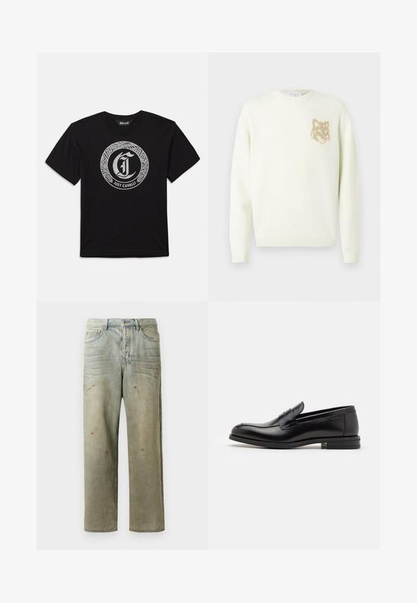 Krémový sveter s okrúhlym výstrihom, dlhými rukávmi a malou béžovou grafikou líšky na ľavej hrudi, s rebrovanými manžetami a lemovaním.; Čierne tričko s krátkym rukávom s obrysom strieborného hada, ktorý obklopuje gotické písmeno "J" a pod ním je text "Just Cavalli".; Zničené džínsy vo svetlozelenej farbe s rovnými nohavicami, piatimi vreckami a nerovnomerným vyblednutím so škvrnami od farby.; Čierne kožené mokasíny s hladkou textúrou, zaoblenou špičkou a dekoračným pásikom cez priehlavok. Nízky vrstvený opätok, minimalistický dizajn.