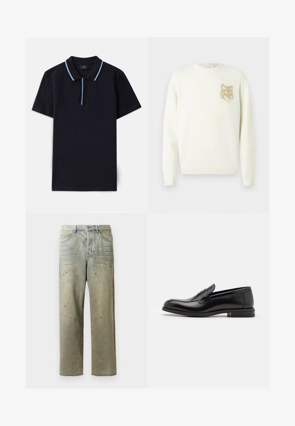 Világos krém színű crewneck pulóver hosszú ujjakkal, bal mellrészen egy kis bézs színű rókafej grafikával, bordás mandzsettákkal és aljjal.; Tengerészkék pamut póló, klasszikus gallérral, világoskék csíkokkal a gallér és a gombolás mentén.; Fakó zöld, kopott farmerszadrág, egyenes lábbal, ötk zsebes kialakítással, egyenetlen kopással és festékcseppekkel.; Fekete bőr loaferek sima textúrával, kerek orral és dekoratív pánttal a vampnál. Alacsony, rétegelt sarkú, minimalista dizájn.