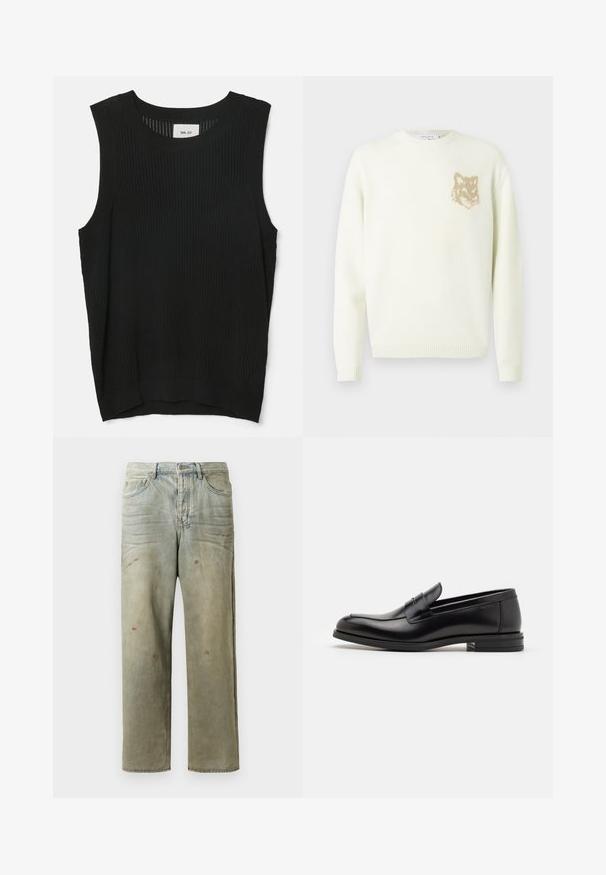 Maglione crema a girocollo con maniche lunghe e piccola grafica di testa di volpe beige a sinistra sul petto, polsini e orlo a costine.; Top nero senza maniche in maglia con un motivo texture e scollo rotondo. Il tessuto sembra traspirante con una vestibilità morbida.; Jeans in denim strappato di colore verde chiaro, con gamba dritta, design a cinque tasche, sbiaditure irregolari e schizzi di vernice.; Mocassini neri in pelle con una texture liscia, punta arrotondata e una striscia decorativa sulla tomaia. Tacco basso impilato, design minimalista.