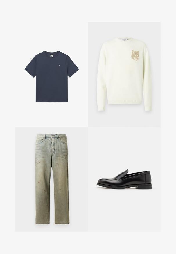 Cremfarbener Pullover mit Rundhalsausschnitt, langen Ärmeln und kleinem, beigen Fuchskopf-Graphic auf der linken Brust, gerippte Bündchen und Saum.; Marineblaue T-Shirt aus Baumwolle mit Rundhalsausschnitt, kurzen Ärmeln und einem kleinen Logopatch auf der linken Brust. Glatte Stoffstruktur.; Distressed Denim-Jeans in Hellgrün, mit geradem Bein, Fünf-Taschen-Design und ungleichmäßiger Ausbleichung sowie Farbspritzern.; Schwarze Lederloafers mit glatter Textur, rundem Zehenbereich und einem dekorativen Riemen über dem Vorderfuß. Niedriger, gestapelter Absatz, minimalistisches Design.