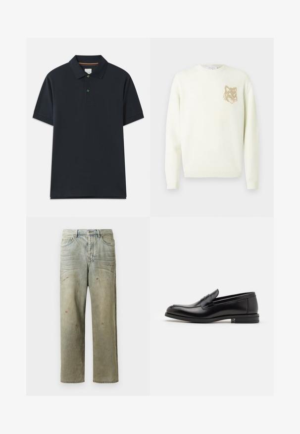 Krémový sveter s okrúhlym výstrihom, dlhými rukávmi a malou béžovou grafikou líšky na ľavej hrudi, s rebrovanými manžetami a lemovaním.; Námornícka polokošeľa s krátkymi rukávmi, golierom, zapínaním na tri gombíky a malým zeleným vyšívaným detailom na hrudi.; Zničené džínsy vo svetlozelenej farbe s rovnými nohavicami, piatimi vreckami a nerovnomerným vyblednutím so škvrnami od farby.; Čierne kožené mokasíny s hladkou textúrou, zaoblenou špičkou a dekoračným pásikom cez priehlavok. Nízky vrstvený opätok, minimalistický dizajn.