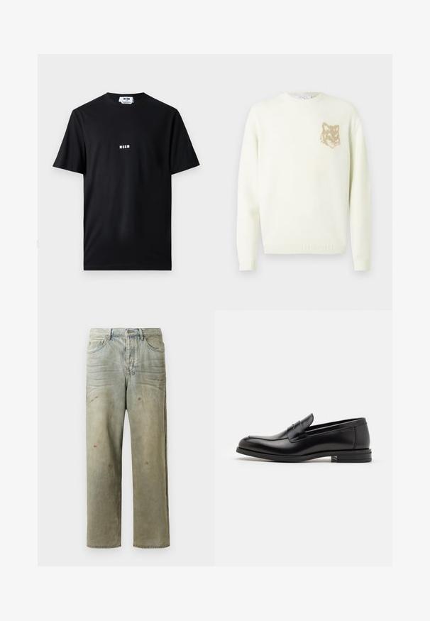 Maglione crema a girocollo con maniche lunghe e piccola grafica di testa di volpe beige a sinistra sul petto, polsini e orlo a costine.; T-shirt in cotone nero con collo a giro e maniche corte. Sul fronte è stampato al centro il logo bianco "MSGM". Texture liscia, vestibilità standard.; Jeans in denim strappato di colore verde chiaro, con gamba dritta, design a cinque tasche, sbiaditure irregolari e schizzi di vernice.; Mocassini neri in pelle con una texture liscia, punta arrotondata e una striscia decorativa sulla tomaia. Tacco basso impilato, design minimalista.