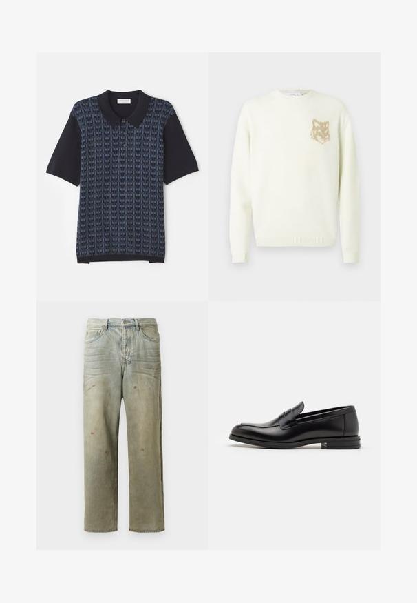 Kremkrāsas džemperis ar garām piedurknēm un mazu beigu brūnu lāču galvas grafiku kreisajā krūtīs, ribotām piedurknēm un apakšmalu.; Lietus zilas polo krekls ar ģeometrisku rakstu dažādās zilās toņu niansēs, īsām piedurknēm un klasisku apkakli ar pogu priekšpusi.; Izsistās džinsās gaisā zaļā krāsā, ar taisnu kāju, piecu kabatu dizainu un nevienmērīgu izbalēšanu, kā arī krāsas šļakatas.; Melnas ādas kurpes ar gludu tekstūru, noapaļu purngalu un dekoratīvu siksniņu pāri priekšpusei. Zems sakrauts papēdis, minimālisma dizains.