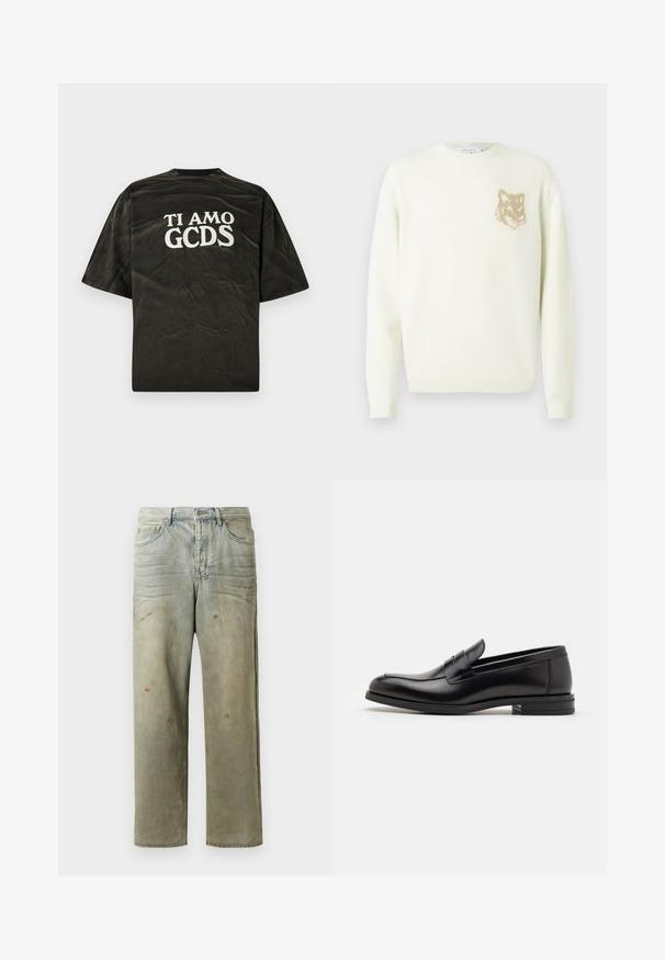 Cream crewneck sweater with long sleeves and small beige fox head graphic on the left chest, ribbed cuffs and hem.; Black short-sleeve T-shirt with a relaxed fit, featuring a white graphic text "TI AMO GCDS" on the back. Distressed texture.; Distressed denim jeans in light green, featuring a straight leg, five-pocket design, and uneven fading with paint splatters.; Black leather loafers with a smooth texture, rounded toe, and a decorative strap across the vamp. Low stacked heel, minimalist design.