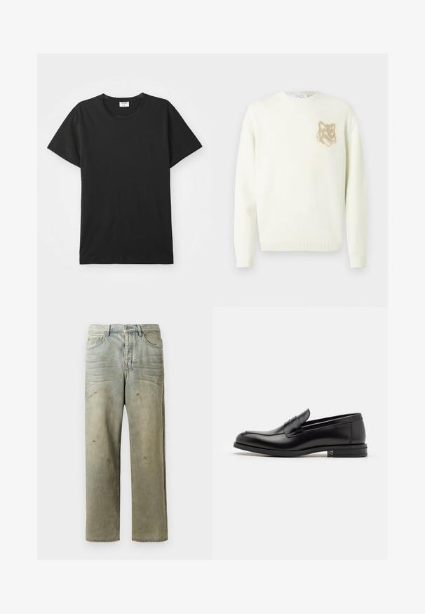Grietos spalvos megztinis su ilgomis rankovėmis ir mažo smėlio šviesumo lapės galvos grafika ant kairiojo krūtinės, su raibais rankogaliais ir apatine dalimi.; Juoda trumpomis rankovėmis T–maikė su apvaliu kaklu, pagaminta iš lygaus medvilnės audinio. Paprastas dizainas be raštų ar akcentų.; Šviesiai žaliai nuvarytos džinsinės kelnes, su tiesiomis kojomis, penkių kišenių dizainu, nelygiai blukščiantis ir su dažų lašeliais.; Juodos odinės loafers, turinčios lygų paviršių, apvalią noselę ir dekoratyvinę juostą per priekinę dalį. Žemas krentantis kulnas, minimalistinis dizainas.