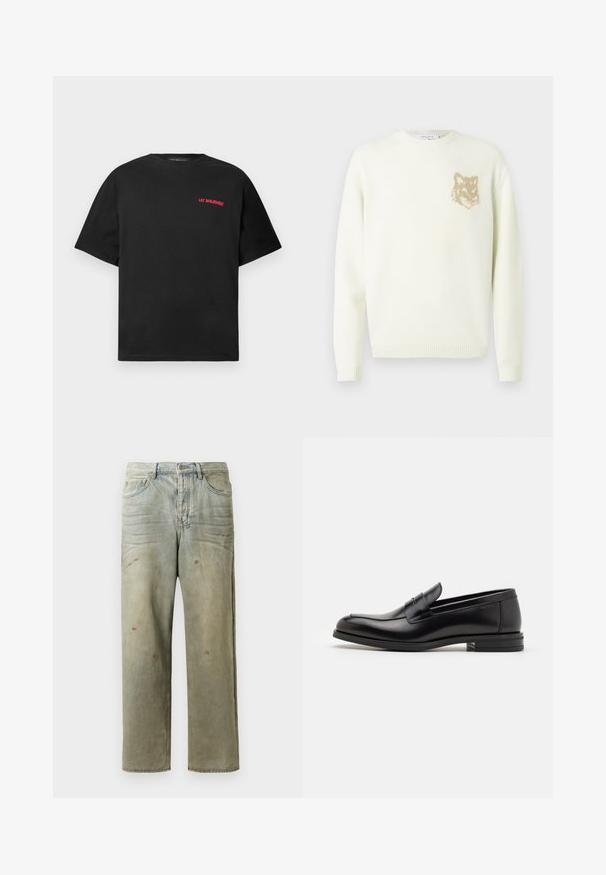 Kreemist värvi ümarakaelusega sviiter pika varrukaga, vasakul rinnal väikese beeži rebasespea graafikuga, soonikkoes varrukate ja äärtega.; Musta lühikeste varrukatega T-särk, mille vasakul rinnal on punane "Lee Benjamin" teksti logo, ühtlane taust.; Karmiinroheline kulunud denim teksapüksid, millel on sirge jalg, viie taskuga disain ning ebaühtlane pleekimine koos värvikrõpsudega.; Mustad mustad nahast loafers sileda tekstuuriga, ümarat ninaosa ja dekoratiivne riba vampi üle. Madal kihiline konts, minimalistlik disain.
