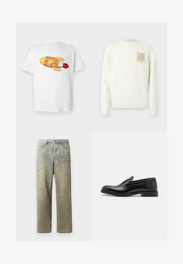 Cream crewneck sweater with long sleeves and small beige fox head graphic on the left chest, ribbed cuffs and hem.; White t-shirt featuring a colorful rocket graphic. The rocket is orange with yellow accents, silver details, and red flames.; Distressed denim jeans in light green, featuring a straight leg, five-pocket design, and uneven fading with paint splatters.; Black leather loafers with a smooth texture, rounded toe, and a decorative strap across the vamp. Low stacked heel, minimalist design.