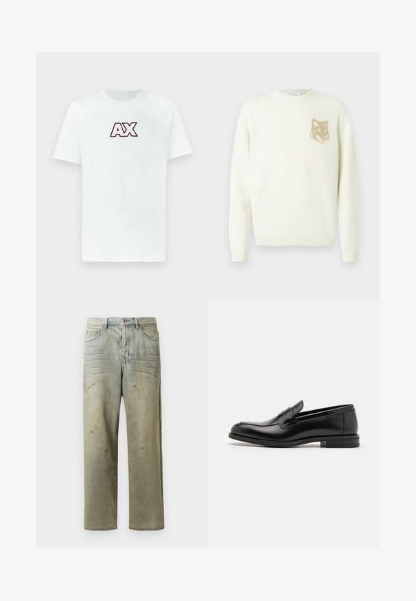 Cream crewneck sweater with long sleeves and small beige fox head graphic on the left chest, ribbed cuffs and hem.; White short-sleeve crewneck T-shirt with bold "AX" logo in red and black centered on the chest against a plain background.; Distressed denim jeans in light green, featuring a straight leg, five-pocket design, and uneven fading with paint splatters.; Black leather loafers with a smooth texture, rounded toe, and a decorative strap across the vamp. Low stacked heel, minimalist design.