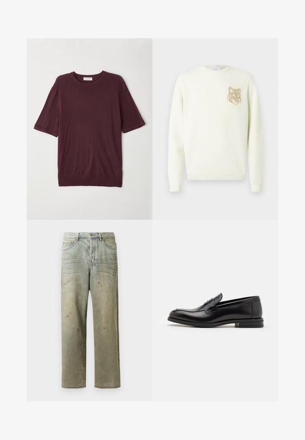 Cremefarvet crewneck sweater med lange ærmer og et lille beige rævehovedgrafik på venstre bryst, ribbede manchetter og kant.; Bordeaux kortærmet t-shirt lavet af blødt stof; har en rund hals og en afslappet pasform med lige afslutning. Enkel design uden mønstre.; Slidte denimjeans i lysegrøn med lige ben, femlommerdesign og ujævn falming med malersplatter.; Sorte læderloafers med en glat overflade, rund tå og en dekorativ strop over vampen. Lav hæl med stabeldesign, minimalistisk stil.