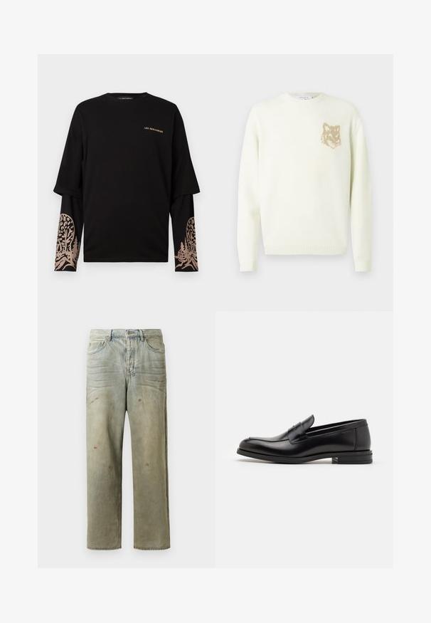 Kreemist värvi ümarakaelusega sviiter pika varrukaga, vasakul rinnal väikese beeži rebasespea graafikuga, soonikkoes varrukate ja äärtega.; Must ülekattega must särk, millel on beež "LES BENJAMINS" tekst rinna peal ja puu ning kabaani graafika alumistel varrukatel.; Karmiinroheline kulunud denim teksapüksid, millel on sirge jalg, viie taskuga disain ning ebaühtlane pleekimine koos värvikrõpsudega.; Mustad mustad nahast loafers sileda tekstuuriga, ümarat ninaosa ja dekoratiivne riba vampi üle. Madal kihiline konts, minimalistlik disain.