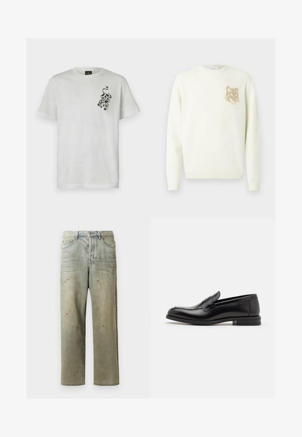 Kremkrāsas džemperis ar garām piedurknēm un mazu beigu brūnu lāču galvas grafiku kreisajā krūtīs, ribotām piedurknēm un apakšmalu.; Balta kokvilnas t-kreklu ar apaļu kakla izgriezumu un īsām piedurknēm. Uz kreisā krūšu laukuma ir melns mākslas dizains.; Izsistās džinsās gaisā zaļā krāsā, ar taisnu kāju, piecu kabatu dizainu un nevienmērīgu izbalēšanu, kā arī krāsas šļakatas.; Melnas ādas kurpes ar gludu tekstūru, noapaļu purngalu un dekoratīvu siksniņu pāri priekšpusei. Zems sakrauts papēdis, minimālisma dizains.