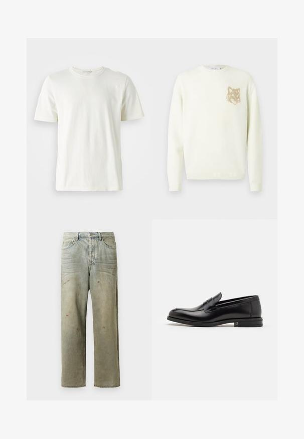 Cream crewneck sweater with long sleeves and small beige fox head graphic on the left chest, ribbed cuffs and hem.; Light cream cotton t-shirt with a round neck and short sleeves. Smooth texture, simple design, and a relaxed fit. No patterns or accents.; Distressed denim jeans in light green, featuring a straight leg, five-pocket design, and uneven fading with paint splatters.; Black leather loafers with a smooth texture, rounded toe, and a decorative strap across the vamp. Low stacked heel, minimalist design.