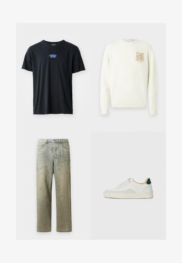 Krémový sveter s okrúhlym výstrihom, dlhými rukávmi a malou béžovou grafikou líšky na ľavej hrudi, s rebrovanými manžetami a lemovaním.; Čierne bavlnené tričko s krátkymi rukávmi a okrúhlym výstrihom. Na hrudníku sa nachádza modré logo. Jednoduchý, klasický dizajn.; Zničené džínsy vo svetlozelenej farbe s rovnými nohavicami, piatimi vreckami a nerovnomerným vyblednutím so škvrnami od farby.; Biele tenisky s semišovými akcentmi, zaoblenou špičkou, plochými šnúrkami a krémovou gumovou podrážkou. Na päte sú zelené značky.