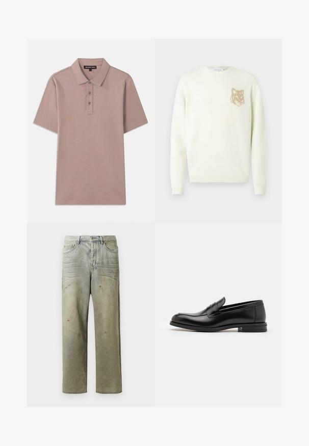 Krämfärgad crewneck-tröja med långa ärmar och en liten beige rävhuvudgrafik på vänster bröst, ribbade muddar och nederkant.; Pikétröja i ljusbrunt tyg med korta ärmar, treknappsknäppning och broderad "MK"-logotyp på bröstet. Slät textur.; Slitna denimjeans i ljusgröna toner, med rak benprofil, femficksdesign och ojämn blekning med färgsplatter.; Svarta läderloafers med en slät yta, rund tå och ett dekorativt band över främre delen. Låg staplad klack, minimalistisk design.