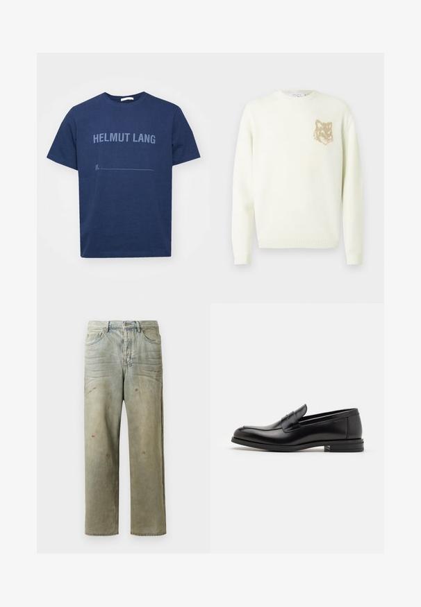 Pulover crem cu guler rotund, cu maneci lungi și un mic grafic cu cap de vulpe bej pe pieptul stâng, cu mansete și tiv din material ribat.; Tricou din bumbac de culoare albastru marin, cu mâneci scurte, având imprimat textul "HELMUT LANG" în nuanță mai deschisă de albastru și o linie goală dedesubt.; Jeans din denim uzat, de culoare verde deschis, cu un croi drept, design cu cinci buzunare, și decolorare inegală cu stropi de vopsea.; Mocasini din piele neagră cu o textură netedă, vârf rotund și o curea decorativă peste partea superioară. Toc mic, design minimalist.
