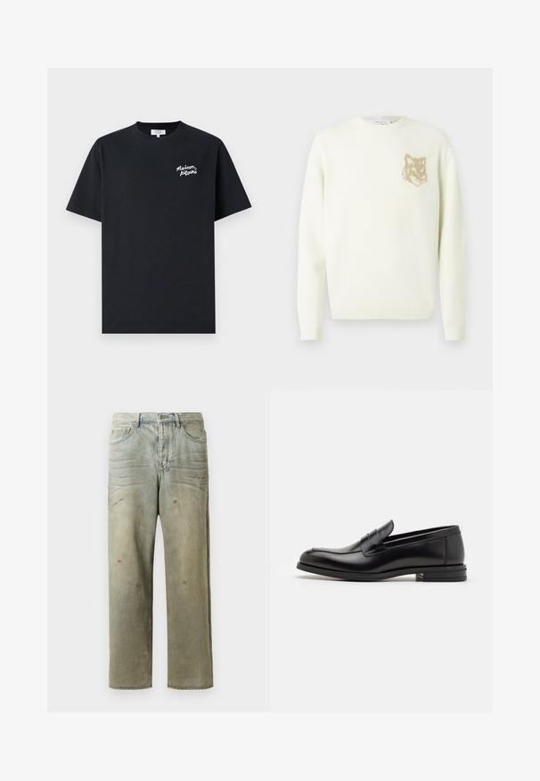 Kremkrāsas džemperis ar garām piedurknēm un mazu beigu brūnu lāču galvas grafiku kreisajā krūtīs, ribotām piedurknēm un apakšmalu.; Melnas kokvilnas T-krekls ar apaļu izgriezumu. Ar baltu, roku rakstītu zīmola logo kreisajā krūtīs. Īsas piedurknes, regulārs piegriezums.; Izsistās džinsās gaisā zaļā krāsā, ar taisnu kāju, piecu kabatu dizainu un nevienmērīgu izbalēšanu, kā arī krāsas šļakatas.; Melnas ādas kurpes ar gludu tekstūru, noapaļu purngalu un dekoratīvu siksniņu pāri priekšpusei. Zems sakrauts papēdis, minimālisma dizains.