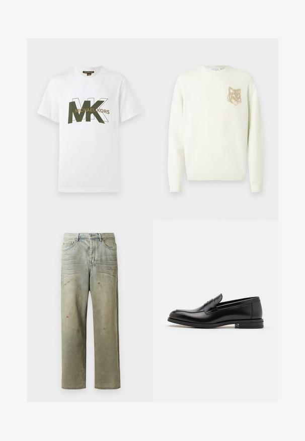 Cream crewneck sweater with long sleeves and small beige fox head graphic on the left chest, ribbed cuffs and hem.; White short-sleeve T-shirt with overlapping green and outlined MK letters and "MICHAEL KORS" text across the chest.; Distressed denim jeans in light green, featuring a straight leg, five-pocket design, and uneven fading with paint splatters.; Black leather loafers with a smooth texture, rounded toe, and a decorative strap across the vamp. Low stacked heel, minimalist design.