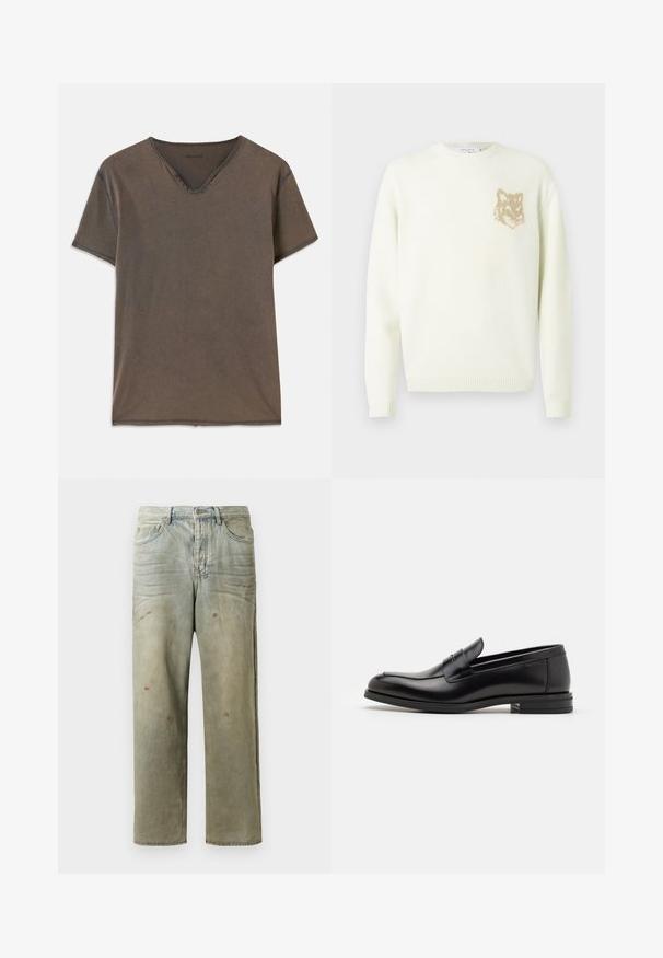 Cream crewneck sweater with long sleeves and small beige fox head graphic on the left chest, ribbed cuffs and hem.; Brown short-sleeve T-shirt with a V-neck, four decorative buttons near the neck, and contrasting stitching along the edges.; Distressed denim jeans in light green, featuring a straight leg, five-pocket design, and uneven fading with paint splatters.; Black leather loafers with a smooth texture, rounded toe, and a decorative strap across the vamp. Low stacked heel, minimalist design.