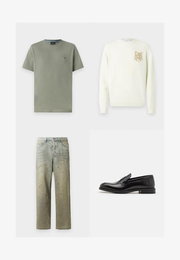 Kremkrāsas džemperis ar garām piedurknēm un mazu beigu brūnu lāču galvas grafiku kreisajā krūtīs, ribotām piedurknēm un apakšmalu.; Olive krāsas kokvilnas T-krekls ar apaļu kakla izgriezumu, īsām piedurknēm un nelielu izšuvumu kreisajā krūtī. Rīga tekstūra, ikdienas piegriezums.; Izsistās džinsās gaisā zaļā krāsā, ar taisnu kāju, piecu kabatu dizainu un nevienmērīgu izbalēšanu, kā arī krāsas šļakatas.; Melnas ādas kurpes ar gludu tekstūru, noapaļu purngalu un dekoratīvu siksniņu pāri priekšpusei. Zems sakrauts papēdis, minimālisma dizains.