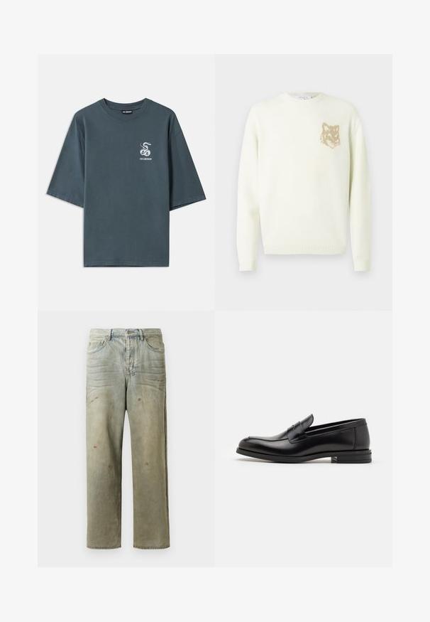 Pulover crem cu guler rotund, cu maneci lungi și un mic grafic cu cap de vulpe bej pe pieptul stâng, cu mansete și tiv din material ribat.; Tricou gri din bumbac cu mâneci scurte, având un mic grafic cu un șarpe alb pe partea stângă și o croială lejeră, cu o textură netedă.; Jeans din denim uzat, de culoare verde deschis, cu un croi drept, design cu cinci buzunare, și decolorare inegală cu stropi de vopsea.; Mocasini din piele neagră cu o textură netedă, vârf rotund și o curea decorativă peste partea superioară. Toc mic, design minimalist.