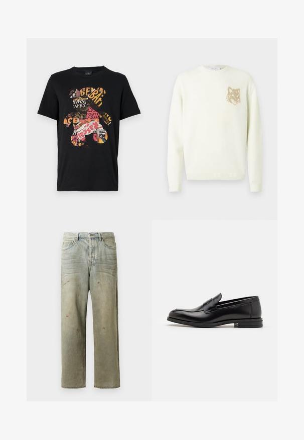 Kremkrāsas džemperis ar garām piedurknēm un mazu beigu brūnu lāču galvas grafiku kreisajā krūtīs, ribotām piedurknēm un apakšmalu.; Melnas kokvilnas T-krekls ar košīgu grafiku, kurā attēlots lācis, izveidots no kolāžas stila tekstiem un attēliem, radot dzīvīgu dizainu.; Izsistās džinsās gaisā zaļā krāsā, ar taisnu kāju, piecu kabatu dizainu un nevienmērīgu izbalēšanu, kā arī krāsas šļakatas.; Melnas ādas kurpes ar gludu tekstūru, noapaļu purngalu un dekoratīvu siksniņu pāri priekšpusei. Zems sakrauts papēdis, minimālisma dizains.