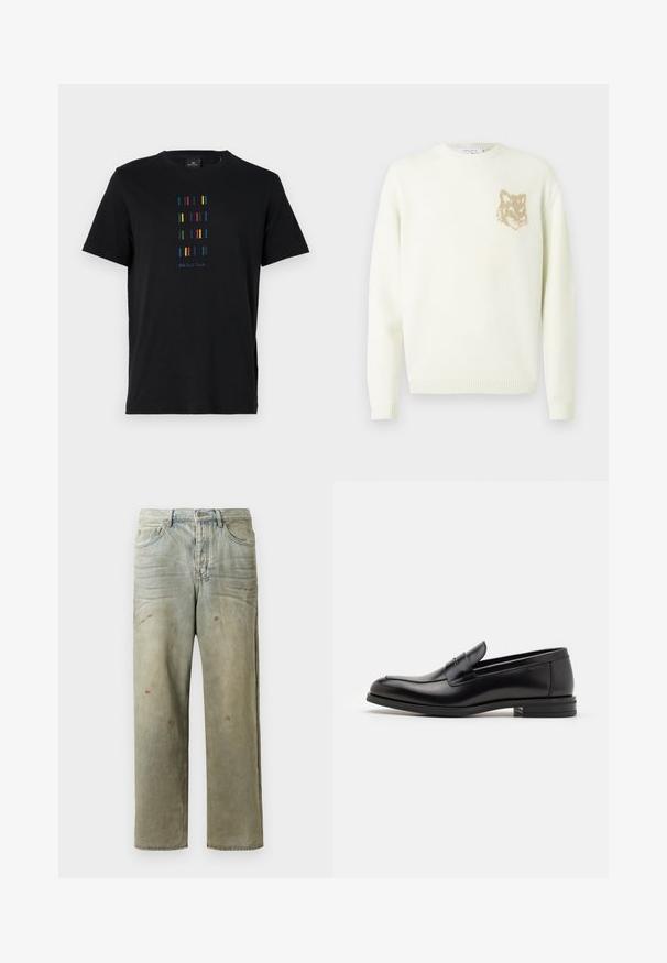 Pulover crem cu guler rotund, cu maneci lungi și un mic grafic cu cap de vulpe bej pe pieptul stâng, cu mansete și tiv din material ribat.; Tricou din bumbac negru, cu un design vertical format din dungi colorate și textul "PS Paul Smith" în partea de jos. Guler standard tip crew.; Jeans din denim uzat, de culoare verde deschis, cu un croi drept, design cu cinci buzunare, și decolorare inegală cu stropi de vopsea.; Mocasini din piele neagră cu o textură netedă, vârf rotund și o curea decorativă peste partea superioară. Toc mic, design minimalist.