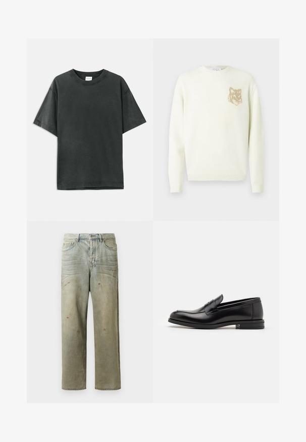Kerman kauluspaita, jossa on pitkät hihat ja pieni beige fox-pääkuva vasemmassa rinnassa, ribbaatut hihansuut ja helma.; T-paita tummanharmaasta puuvillasta, jossa on lyhyet hihat, pyöreä kaula-aukko sekä hillitty brändilogo. Tasainen pinta, rento istuvuus ja suora helma.; Vaaleanvihreät kulutetut farkut suoran lahkeen, viiden taskun muotoilun ja epätasaisen haalistumisen sekä maalikohoumiin kanssa.; Mustat nahkakengät, joissa on sileä pinta, pyöreä kärki ja koristeellinen nauha jalkapöydän yli. Matala pinoitu koroke, minimalistinen muotoilu.
