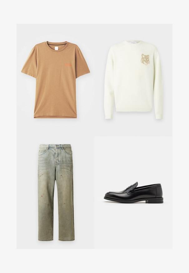 Cream crewneck sweater with long sleeves and small beige fox head graphic on the left chest, ribbed cuffs and hem.; Brown short-sleeve t-shirt made of cotton with a round neckline, featuring small orange text on the chest and a relaxed fit.; Distressed denim jeans in light green, featuring a straight leg, five-pocket design, and uneven fading with paint splatters.; Black leather loafers with a smooth texture, rounded toe, and a decorative strap across the vamp. Low stacked heel, minimalist design.