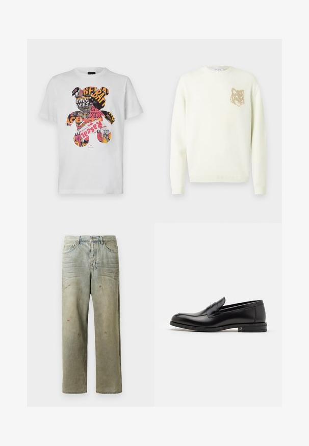 Cream crewneck sweater with long sleeves and small beige fox head graphic on the left chest, ribbed cuffs and hem.; White cotton T-shirt featuring a bear graphic filled with colorful magazine clippings and text, round neck, short sleeves.; Distressed denim jeans in light green, featuring a straight leg, five-pocket design, and uneven fading with paint splatters.; Black leather loafers with a smooth texture, rounded toe, and a decorative strap across the vamp. Low stacked heel, minimalist design.