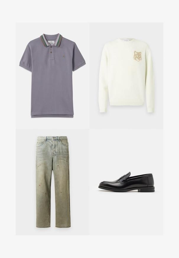 Krémový sveter s okrúhlym výstrihom, dlhými rukávmi a malou béžovou grafikou líšky na ľavej hrudi, s rebrovanými manžetami a lemovaním.; Fialová polo tričko s rebrovaným golierom, na ktorom sú zelené, hnedé a ružové pruhy; troj tlačidlová léga; vyšitá nášivka na hrudi.; Zničené džínsy vo svetlozelenej farbe s rovnými nohavicami, piatimi vreckami a nerovnomerným vyblednutím so škvrnami od farby.; Čierne kožené mokasíny s hladkou textúrou, zaoblenou špičkou a dekoračným pásikom cez priehlavok. Nízky vrstvený opätok, minimalistický dizajn.
