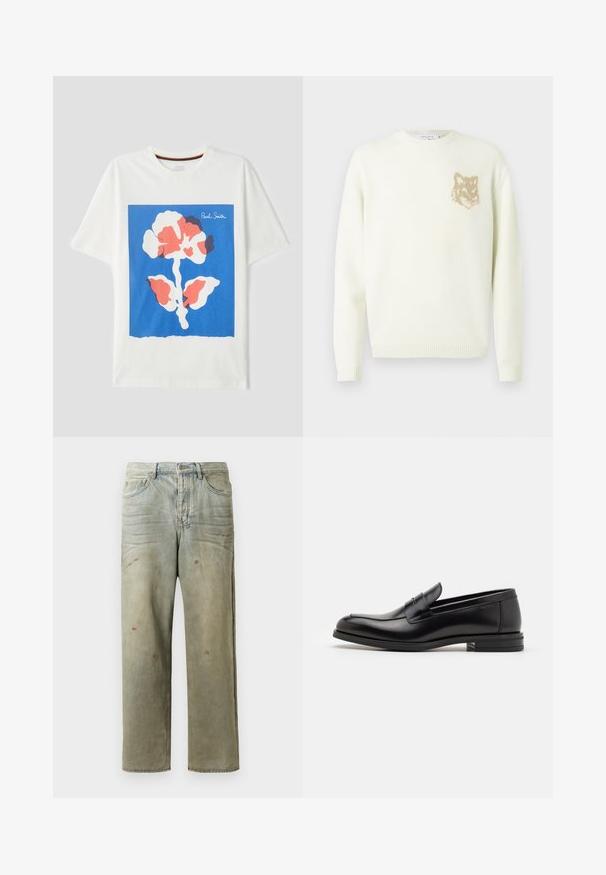 Kremowy sweter z okrągłym dekoltem, z długimi rękawami oraz małą grafiką beżowej głowy lisa po lewej stronie klatki piersiowej, z ribbowanymi mankietami i dołem.; Biała bawełniana koszulka z dużą niebieską kwadratową grafiką, przedstawiającą wielokolorowy abstrakcyjny wzór kwiatu, z napisem "Paul Smith" w rogu.; Zniszczone dżinsy w jasnym zielonym kolorze, z prostymi nogawkami, pięcioma kieszeniami oraz nierównomiernym blaknięciem i plamami farby.; Czarne skórzane mokasyny o gładkiej fakturze, zaokrąglonym nosku i dekoracyjnym pasku na przodzie. Niski, warstwowy obcas, minimalistyczny design.