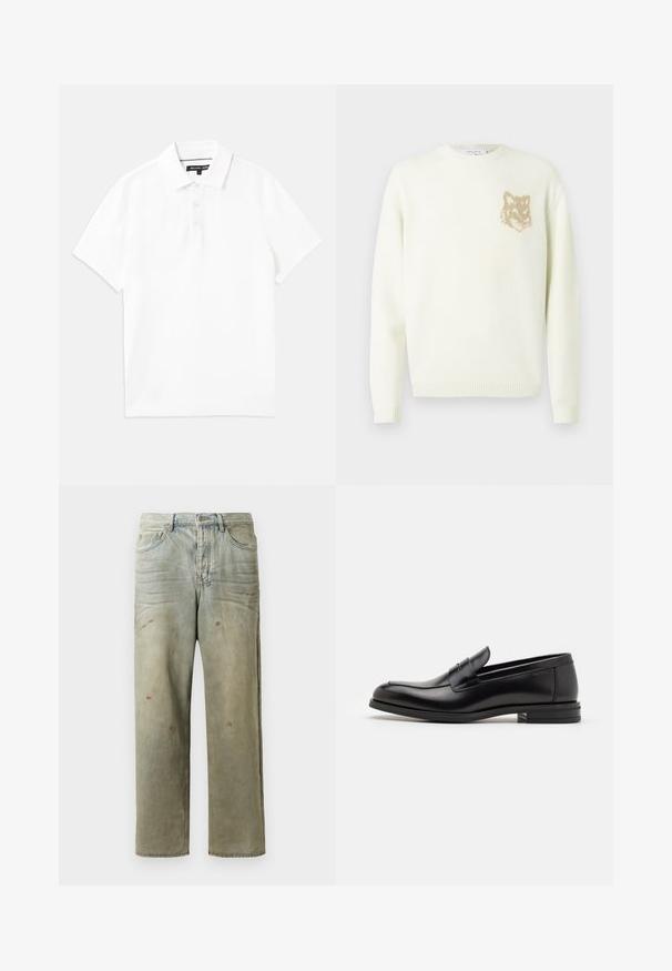 Cremefarvet crewneck sweater med lange ærmer og et lille beige rævehovedgrafik på venstre bryst, ribbede manchetter og kant.; Hvid polo-shirt lavet af åndbart bomuldsblanding, med krave, korte ærmer og tre-knaps placket. Glat tekstur, ingen mønstre.; Slidte denimjeans i lysegrøn med lige ben, femlommerdesign og ujævn falming med malersplatter.; Sorte læderloafers med en glat overflade, rund tå og en dekorativ strop over vampen. Lav hæl med stabeldesign, minimalistisk stil.