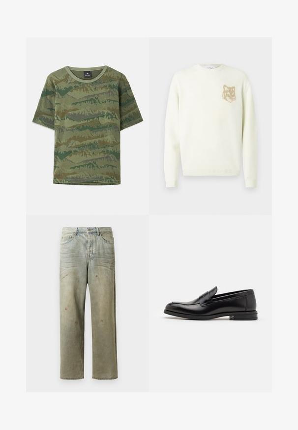 Suéter de cuello redondo crema con mangas largas y un pequeño gráfico de cabeza de zorro beige en el lado izquierdo del pecho, puños y dobladillo acanalados.; Camiseta de camuflaje verde hecha de algodón. Manga corta, cuello redondo, que presenta un patrón de montañas en capas en diferentes tonos de verde y marrón.; Jeans de mezclilla desgastados en verde claro, con corte recto, diseño de cinco bolsillos y decoloración desigual con manchas de pintura.; Mocasines de cuero negro con una textura suave, puntera redondeada y una tira decorativa en el empeine. Tacón bajo apilado, diseño minimalista.