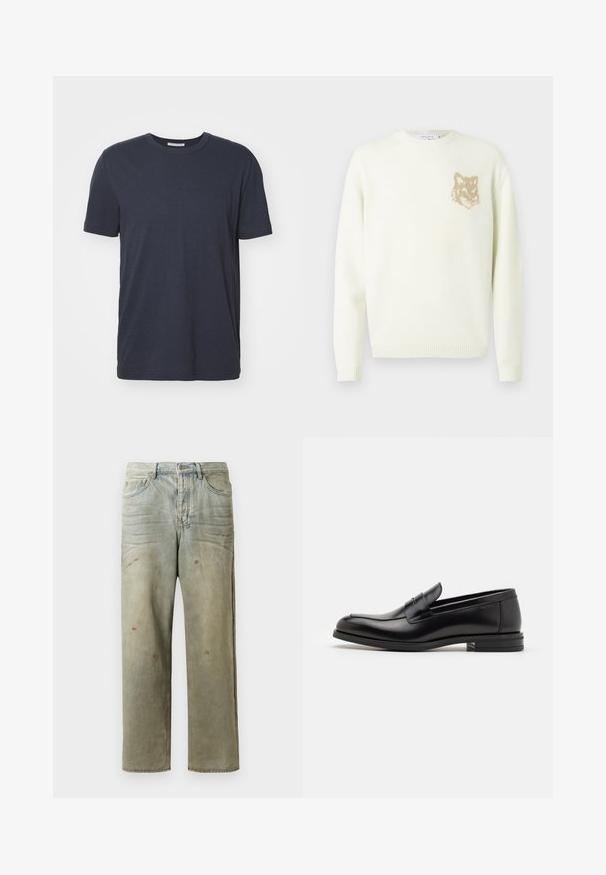 Kremkrāsas džemperis ar garām piedurknēm un mazu beigu brūnu lāču galvas grafiku kreisajā krūtīs, ribotām piedurknēm un apakšmalu.; Tumši zili kokvilnas T-krekli ar īsām piedurknēm un apaļu kakla izmēru, ar gludu tekstūru un taisnu apakšmalu. Vienkāršs un minimālisma dizains.; Izsistās džinsās gaisā zaļā krāsā, ar taisnu kāju, piecu kabatu dizainu un nevienmērīgu izbalēšanu, kā arī krāsas šļakatas.; Melnas ādas kurpes ar gludu tekstūru, noapaļu purngalu un dekoratīvu siksniņu pāri priekšpusei. Zems sakrauts papēdis, minimālisma dizains.