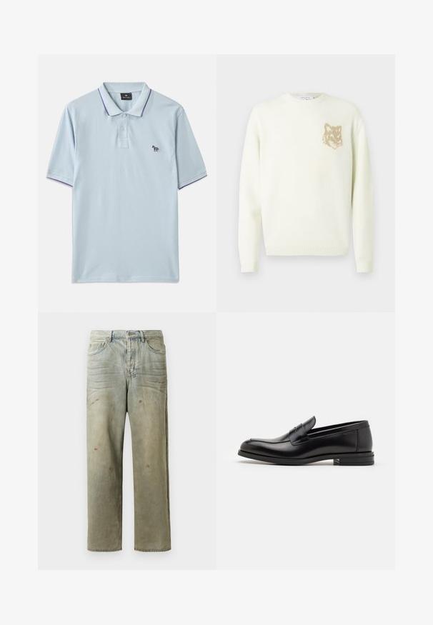 Világos krém színű crewneck pulóver hosszú ujjakkal, bal mellrészen egy kis bézs színű rókafej grafikával, bordás mandzsettákkal és aljjal.; Fénykék poloing, lila gallér részletekkel, három elülső gombbal, és egy kicsi, hímzett zebra logóval a bal mellen.; Fakó zöld, kopott farmerszadrág, egyenes lábbal, ötk zsebes kialakítással, egyenetlen kopással és festékcseppekkel.; Fekete bőr loaferek sima textúrával, kerek orral és dekoratív pánttal a vampnál. Alacsony, rétegelt sarkú, minimalista dizájn.