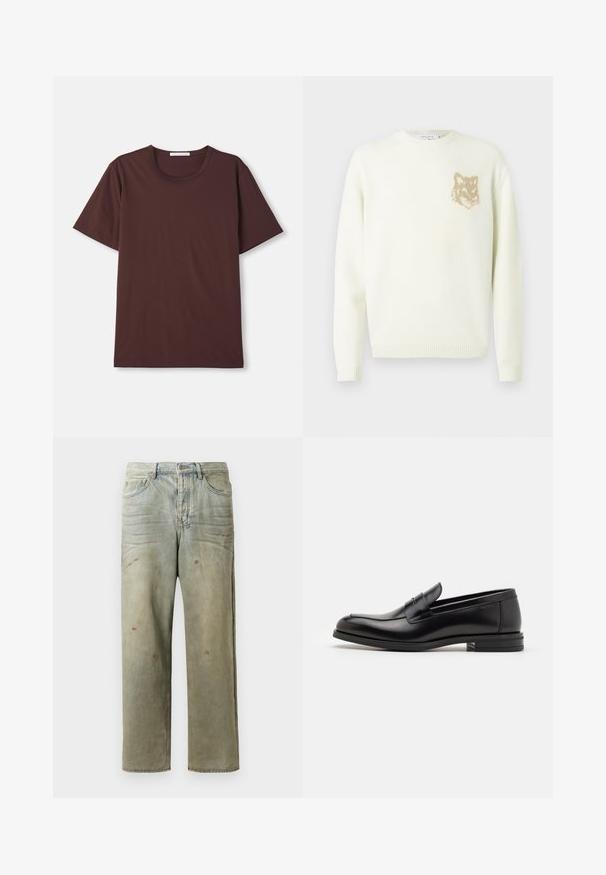 Cream crewneck sweater with long sleeves and small beige fox head graphic on the left chest, ribbed cuffs and hem.; Dark burgundy short-sleeve t-shirt made from soft cotton. Features a round neckline and a relaxed fit with no visible patterns or hardware.; Distressed denim jeans in light green, featuring a straight leg, five-pocket design, and uneven fading with paint splatters.; Black leather loafers with a smooth texture, rounded toe, and a decorative strap across the vamp. Low stacked heel, minimalist design.