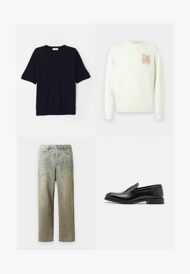 Cream crewneck sweater with long sleeves and small beige fox head graphic on the left chest, ribbed cuffs and hem.; Navy blue short-sleeve knit shirt with a round neckline, soft texture, and a relaxed fit. Features a ribbed hem and sleeve cuffs.; Distressed denim jeans in light green, featuring a straight leg, five-pocket design, and uneven fading with paint splatters.; Black leather loafers with a smooth texture, rounded toe, and a decorative strap across the vamp. Low stacked heel, minimalist design.