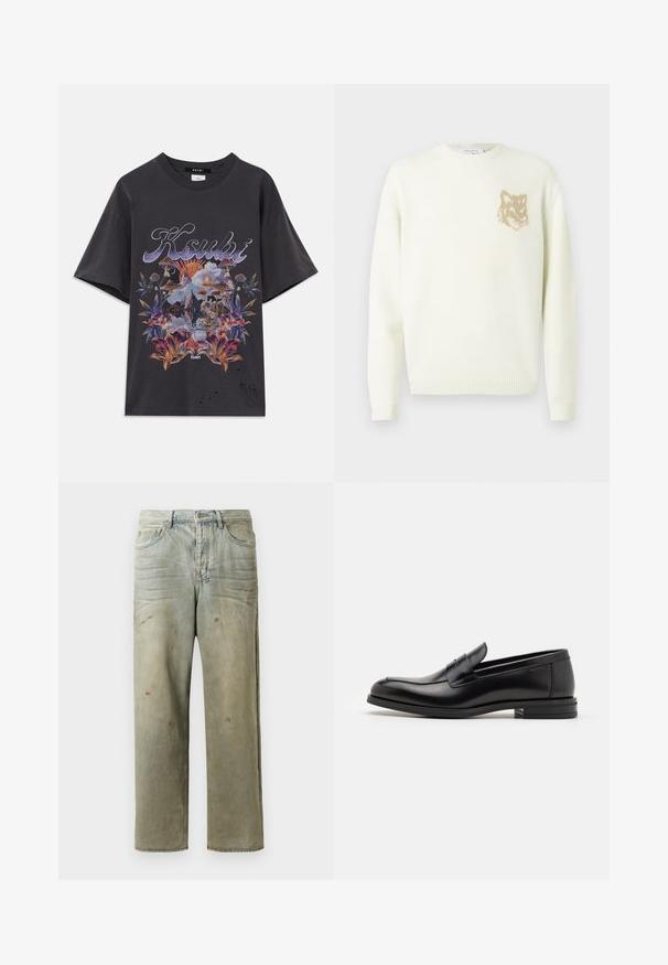 Kreemist värvi ümarakaelusega sviiter pika varrukaga, vasakul rinnal väikese beeži rebasespea graafikuga, soonikkoes varrukate ja äärtega.; Hallux hallukokey koon puuvillastesel halli t-särk, millel on värvikas graafika, kus on kujutatud lilli, seeni ja mägesid. Kulunud detailid hemides.; Karmiinroheline kulunud denim teksapüksid, millel on sirge jalg, viie taskuga disain ning ebaühtlane pleekimine koos värvikrõpsudega.; Mustad mustad nahast loafers sileda tekstuuriga, ümarat ninaosa ja dekoratiivne riba vampi üle. Madal kihiline konts, minimalistlik disain.