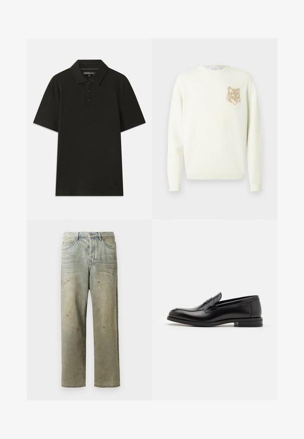 Grietos spalvos megztinis su ilgomis rankovėmis ir mažo smėlio šviesumo lapės galvos grafika ant kairiojo krūtinės, su raibais rankogaliais ir apatine dalimi.; Juodas polo marškinėlis, pagamintas iš tekstūruoto audinio. Turi trijų mygtukų apykaklę ir standartinę apykaklę. Trumpomis rankovėmis ir tiesiu apvadu.; Šviesiai žaliai nuvarytos džinsinės kelnes, su tiesiomis kojomis, penkių kišenių dizainu, nelygiai blukščiantis ir su dažų lašeliais.; Juodos odinės loafers, turinčios lygų paviršių, apvalią noselę ir dekoratyvinę juostą per priekinę dalį. Žemas krentantis kulnas, minimalistinis dizainas.