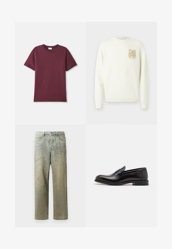 Kremkrāsas džemperis ar garām piedurknēm un mazu beigu brūnu lāču galvas grafiku kreisajā krūtīs, ribotām piedurknēm un apakšmalu.; Burgundijas krāsas kokvilnas T-krekls ar apaļu kakla izgriezumu, īsām piedurknēm un brīvu griezumu. Gluda tekstūra un minimālisma dizains.; Izsistās džinsās gaisā zaļā krāsā, ar taisnu kāju, piecu kabatu dizainu un nevienmērīgu izbalēšanu, kā arī krāsas šļakatas.; Melnas ādas kurpes ar gludu tekstūru, noapaļu purngalu un dekoratīvu siksniņu pāri priekšpusei. Zems sakrauts papēdis, minimālisma dizains.