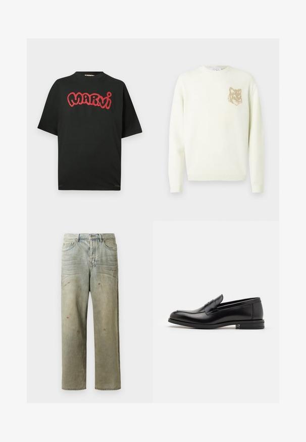 Kremkrāsas džemperis ar garām piedurknēm un mazu beigu brūnu lāču galvas grafiku kreisajā krūtīs, ribotām piedurknēm un apakšmalu.; Melna īsām piedurknēm T-krekli ar sarkano stilizēto "Marni" tekstu krūšu daļā, ar apaļu kakla izgriezumu un brīvu piegriezumu.; Izsistās džinsās gaisā zaļā krāsā, ar taisnu kāju, piecu kabatu dizainu un nevienmērīgu izbalēšanu, kā arī krāsas šļakatas.; Melnas ādas kurpes ar gludu tekstūru, noapaļu purngalu un dekoratīvu siksniņu pāri priekšpusei. Zems sakrauts papēdis, minimālisma dizains.