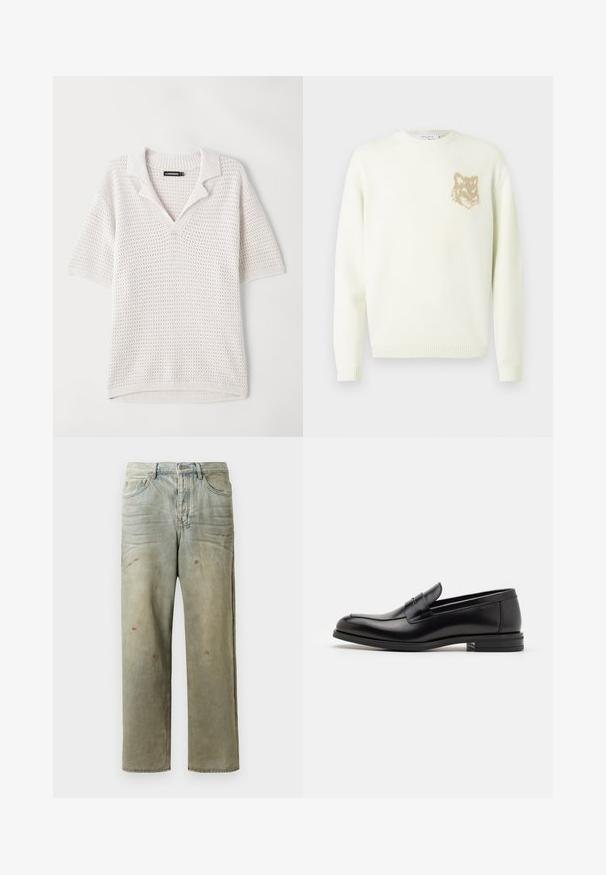 Cremfarbener Pullover mit Rundhalsausschnitt, langen Ärmeln und kleinem, beigen Fuchskopf-Graphic auf der linken Brust, gerippte Bündchen und Saum.; Kurze Ärmel, leichtes gestricktes Polo in Cremeweiß mit strukturiertem Muster, geripptem Kragen und Saumdetails. Entworfen für atmungsaktiven Komfort.; Distressed Denim-Jeans in Hellgrün, mit geradem Bein, Fünf-Taschen-Design und ungleichmäßiger Ausbleichung sowie Farbspritzern.; Schwarze Lederloafers mit glatter Textur, rundem Zehenbereich und einem dekorativen Riemen über dem Vorderfuß. Niedriger, gestapelter Absatz, minimalistisches Design.