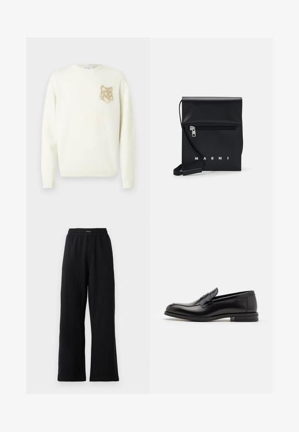 Cremfarbener Pullover mit Rundhalsausschnitt, langen Ärmeln und kleinem, beigen Fuchskopf-Graphic auf der linken Brust, gerippte Bündchen und Saum.; Schwarze Jogginghosen aus weichem Material, mit elastischem Bund, geradem Schnitt und ohne sichtbare Muster oder Akzente.; Schwarze Lederloafers mit glatter Textur, rundem Zehenbereich und einem dekorativen Riemen über dem Vorderfuß. Niedriger, gestapelter Absatz, minimalistisches Design.; Schwarze Leder-Crossbody-Tasche mit einer Reißverschlusstasche vorne, geprägtem Logo und verstellbarem Tragegurt. Glatte Oberfläche mit strukturierter Form.