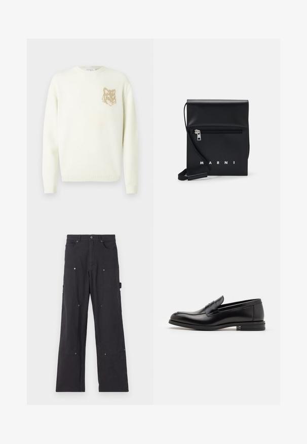Crème kleur crewneck trui met lange mouwen en een kleine beige voskop-graphic op de linkerkant van de borst, met ribgebreide manchetten en zoom.; Zwarte cargobroek van duurzaam materiaal met een recht model, voorzien van voorzakken, drukknoopsluitingen en zijzakken voor gebruiksobjecten.; Zwarte leren instappers met een gladde textuur, ronde neus en een decoratieve band over de wreef. Lage, gestapelde hak en minimalistisch ontwerp.; Zwarte leren schoudertas met een ritsvak aan de voorkant, reliëflogo en verstelbare schouderband. Soepele textuur met een gestructureerde vorm.