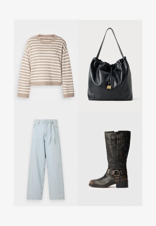 Camisola de malha às riscas bege e branca com gola redonda, ombros caídos e bainha canelada. Textura suave, design cropped.; Jeans de perna larga azul claro feitos de denim, com uma cintura alta, passantes para cinto e um cinto de laço. Detalhes de costura visíveis ao longo das pernas.; Botas de couro pretas até à metade da panturrilha com dois fechos de fivela perto do topo e uma fita com detalhe de anel metálico à volta do tornozelo, sobre um fundo branco.; Mala de cordão em couro preto com uma textura suave, topo franzido e discretos acessórios em dourado. Apresenta uma única alça resistente e um logótipo embossado.