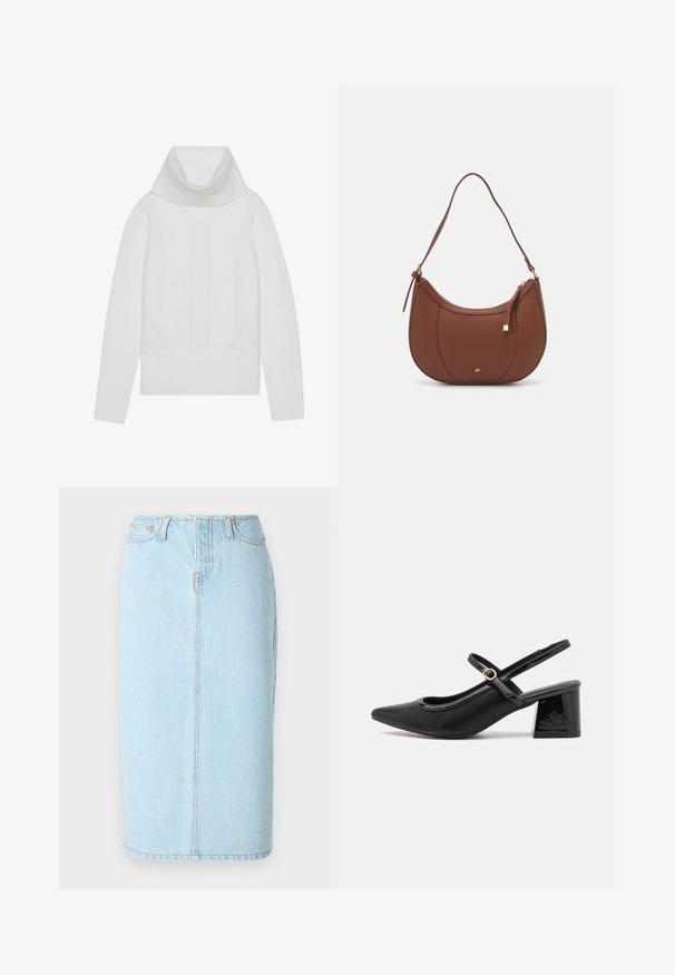 Fehér kötött pulóver magas bordás garbónyakkal, textúrált panelek, valamint bordás mandzsetták és hem. Puha gyapjú keverék anyag.; Világoskék farmer ceruzaszoknya, magas derékkal, öt zsebes dizájnnal és diszkrét varrási részletekkel az illesztéseknél.; Fekete lakk bőr, pántos magassarkú cipő, hegyes orral, lekerekített kivágással és tömbsarkal. Arany színű csat díszíti.; Barna műbőr válltáska ívelt formával, minimális varrással és arany színű kiegészítőkkel. Jellemzője a felső cipzáras záródás és állítható pánt.